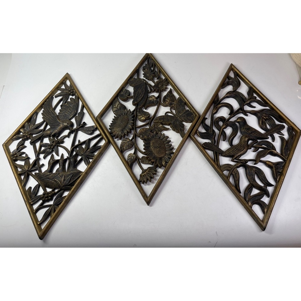 3 ~Vintage Burwood Diamond Flower,Bird,Butterfly Wall Hanging Set MCM Gold/Brown